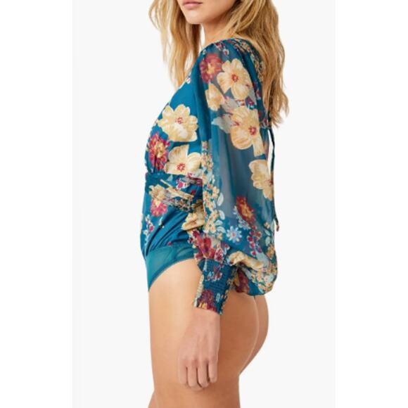 Free People Intimately Wanderlust Floral Print Bodysuit in Blue Jade Combo - Picture 4 of 11